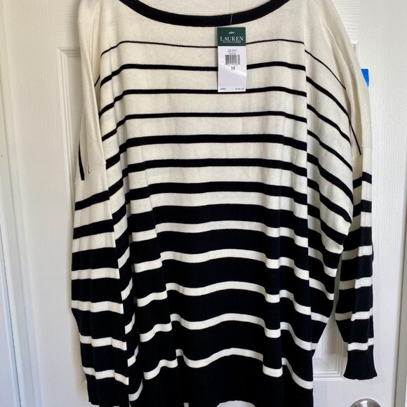 Lauren Ralph Lauren Womens Striped Black & Pearl Sweater 3X Cotton Blend Boatnec - Picture 1 of 7